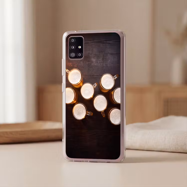 Bier - Glazen - Schuim - Hout - Drank Telefoonhoesje Samsung Galaxy A51 5G klein -sfeer2