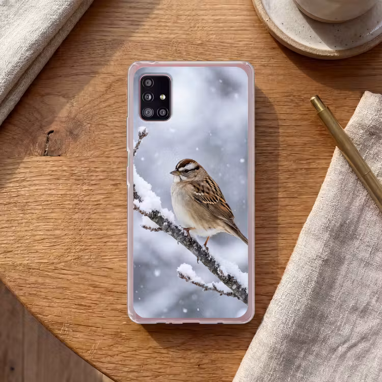 Vogel - Tak - Sneeuw - Winter Telefoonhoesje Samsung Galaxy A51 5G klein -sfeer1