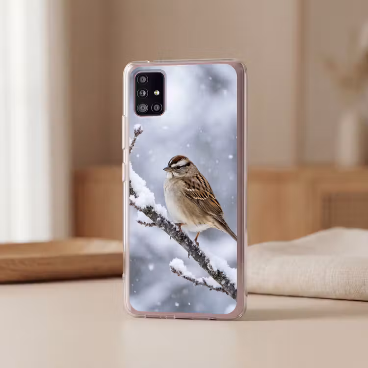 Vogel - Tak - Sneeuw - Winter Telefoonhoesje Samsung Galaxy A51 5G klein -sfeer2