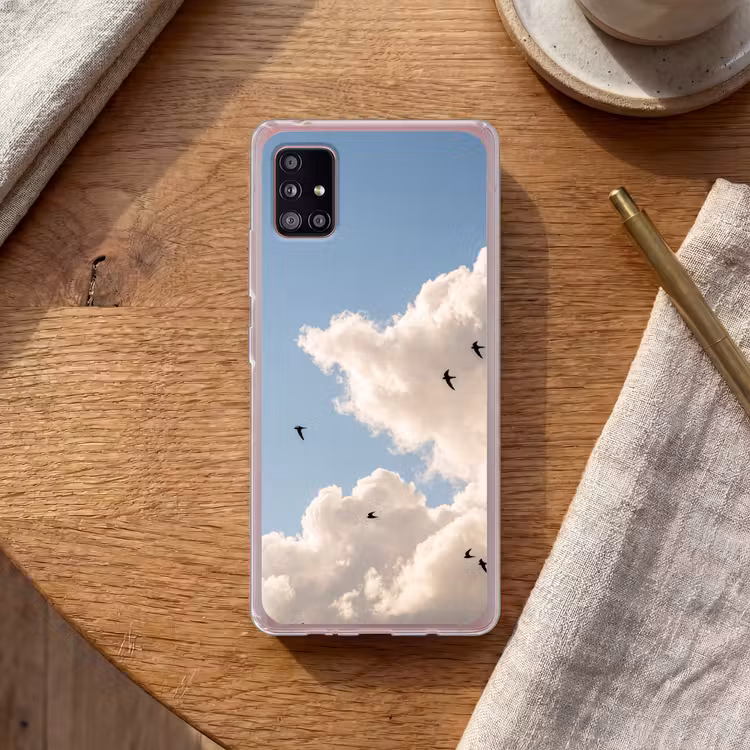 Vogel - Vlucht - Wolken - Natuur - Blauw Telefoonhoesje Samsung Galaxy A51 5G klein -sfeer1