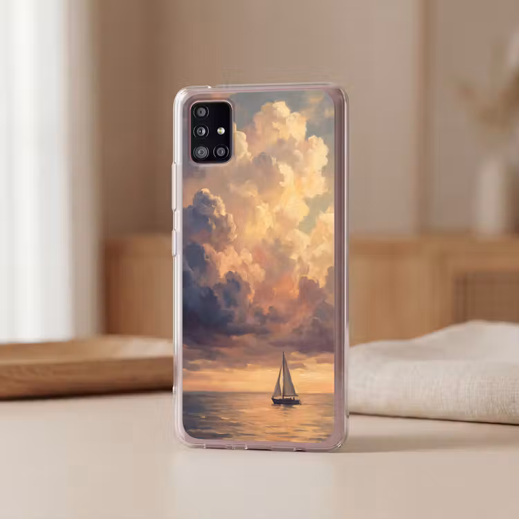 Boot - Zonsondergang - Zee - Natuur - Goud Telefoonhoesje Samsung Galaxy A51 5G klein -sfeer2