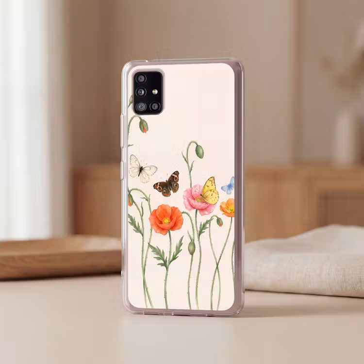 Vlinders - Klaprozen - Illustratie - Kleurrijk Telefoonhoesje Samsung Galaxy A51 5G klein -sfeer2
