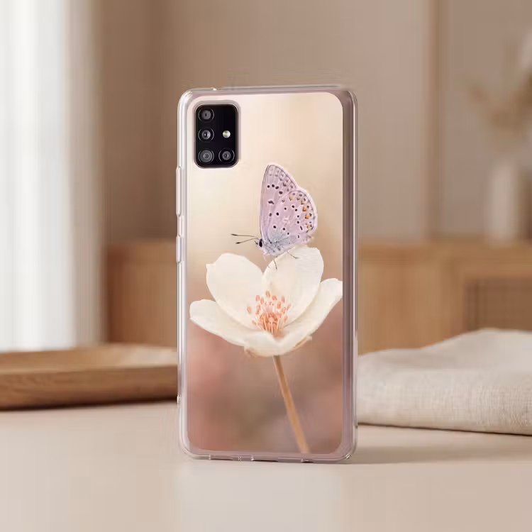 Vlinder - Bloem - Blauw Telefoonhoesje Samsung Galaxy A51 5G klein -sfeer2