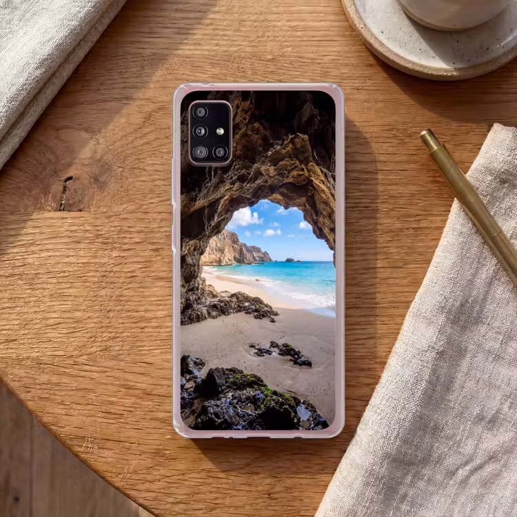 Grot - Strand - Zee - Blauw Telefoonhoesje Samsung Galaxy A51 5G klein -sfeer1