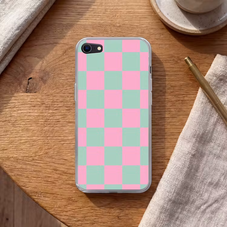 Schaakbord patroon - Groen - Roze - Blokjes Telefoonhoesje iPhone 7 klein -sfeer1
