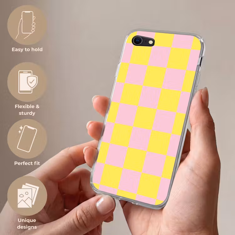 Schaakbord patroon - Geel - Roze - Blokjes Telefoonhoesje iPhone 7 klein -sfeer3_EN