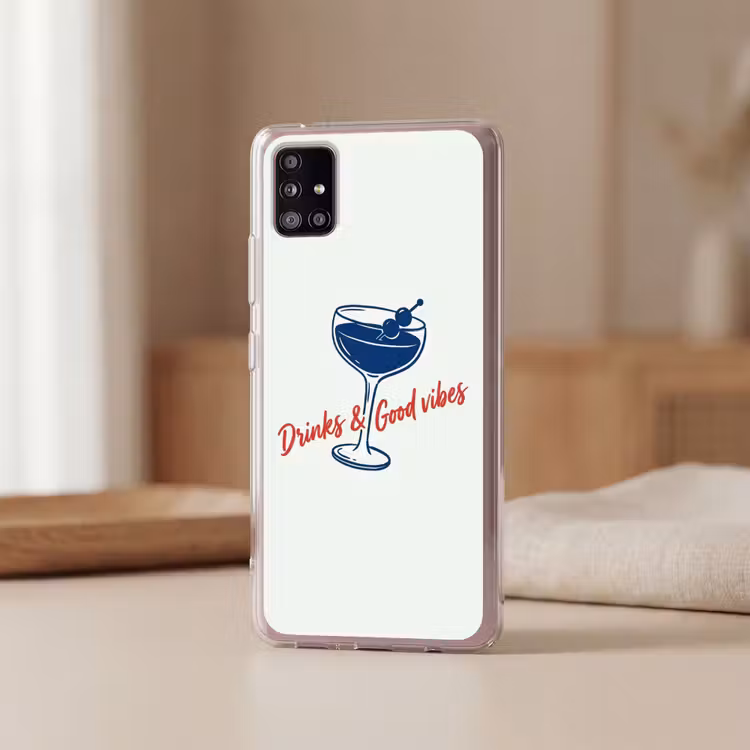 Cocktail - Glas - Illustratie - Blauw - Wit Telefoonhoesje Samsung Galaxy A51 5G klein -sfeer2