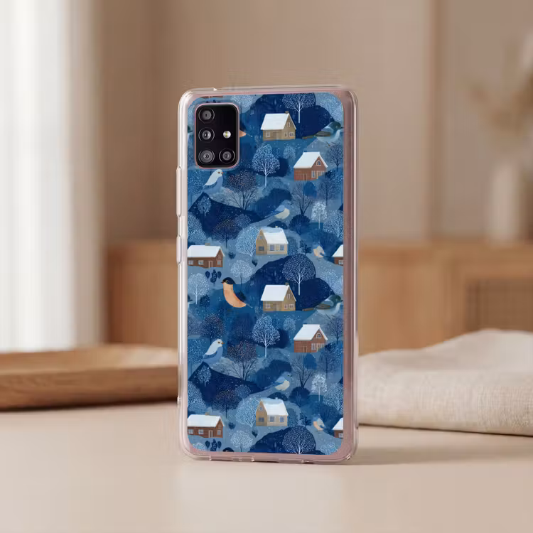 Huisjes - Vogels - Sneeuw - Winter - Blauw Telefoonhoesje Samsung Galaxy A51 5G klein 373 -sfeer2