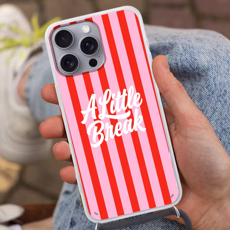 A Little Break - Strepen - Rood - Roze Hoesje iPhone 16 Pro Max met koord klein -sfeer3