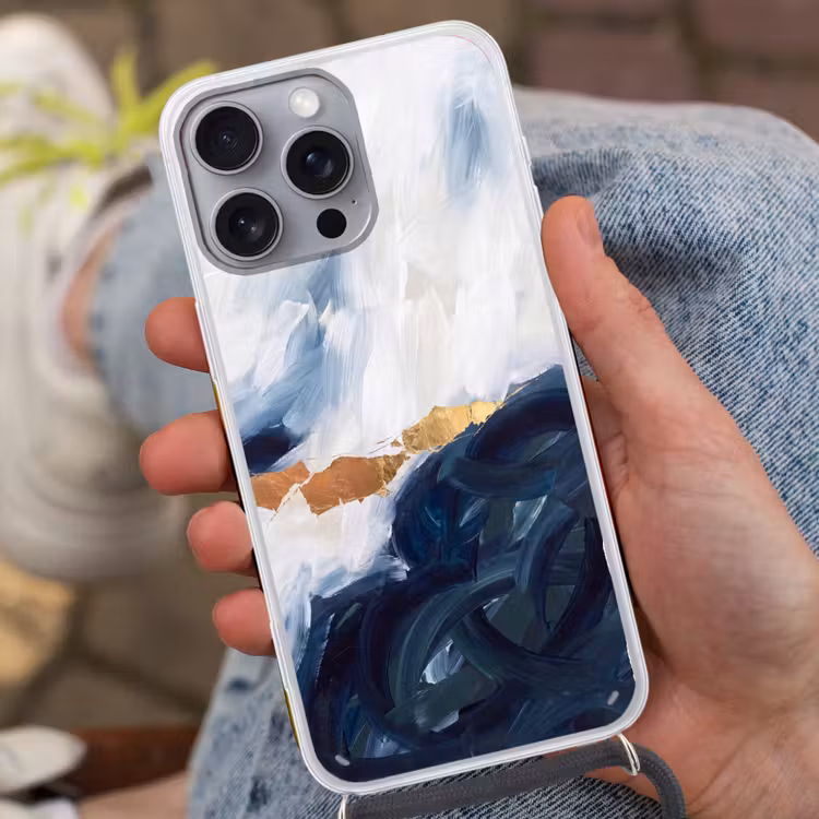 Abstract - Acryl - Blauw - Goud - Elegant Hoesje iPhone 16 Pro Max met koord klein -sfeer3