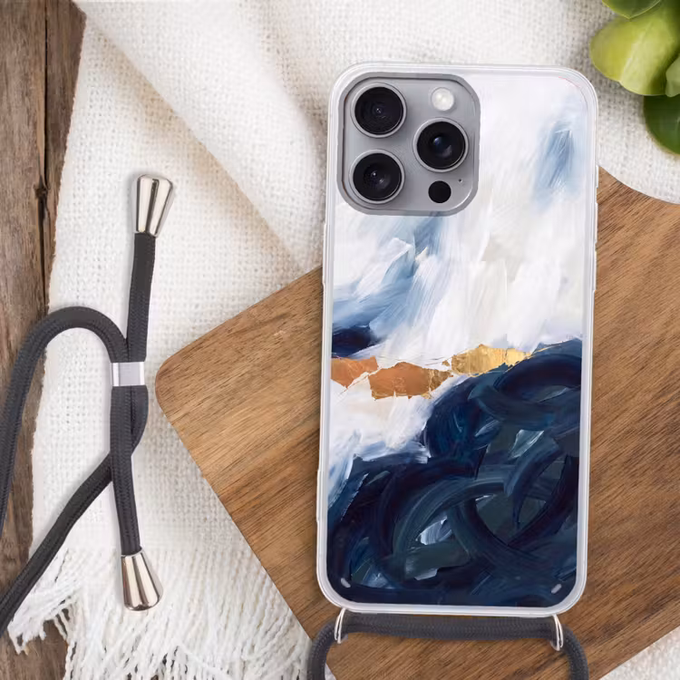 Abstract - Acryl - Blauw - Goud - Elegant Hoesje iPhone 16 Pro Max met koord klein -sfeer4