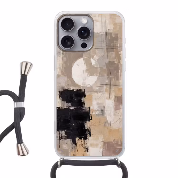 Abstract - Cirkel - Modern - Beige - Zwart - Minimalistisch Hoesje iPhone 16 Pro Max met koord klein -3d