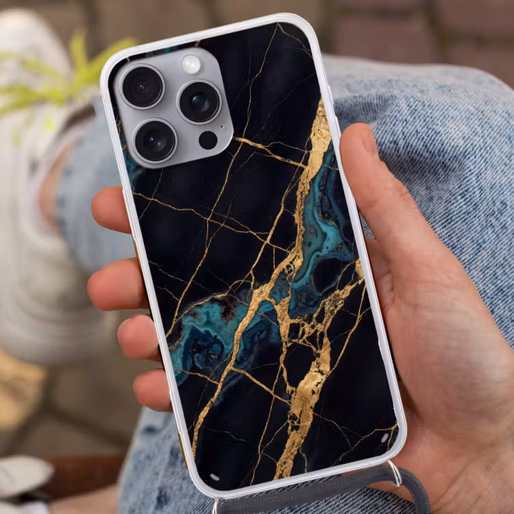 Abstract - Gouden lijnen - Kunst - Modern - Zwart Hoesje iPhone 16 Pro Max met koord klein -sfeer3