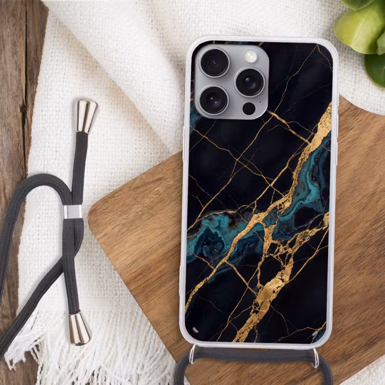 Abstract - Gouden lijnen - Kunst - Modern - Zwart Hoesje iPhone 16 Pro Max met koord klein -sfeer4