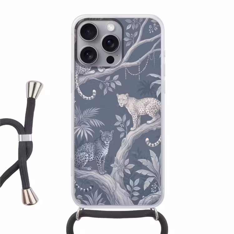 Dieren - Jungle - Illustratie - Bomen - Blauw Hoesje iPhone 16 Pro Max met koord klein -3d
