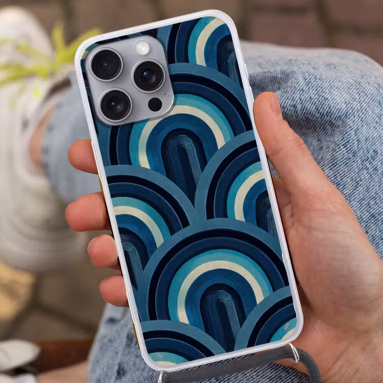 Bogen - Geometrisch - Patroon - Blauw - Retro Hoesje iPhone 16 Pro Max met koord klein 804 -sfeer3