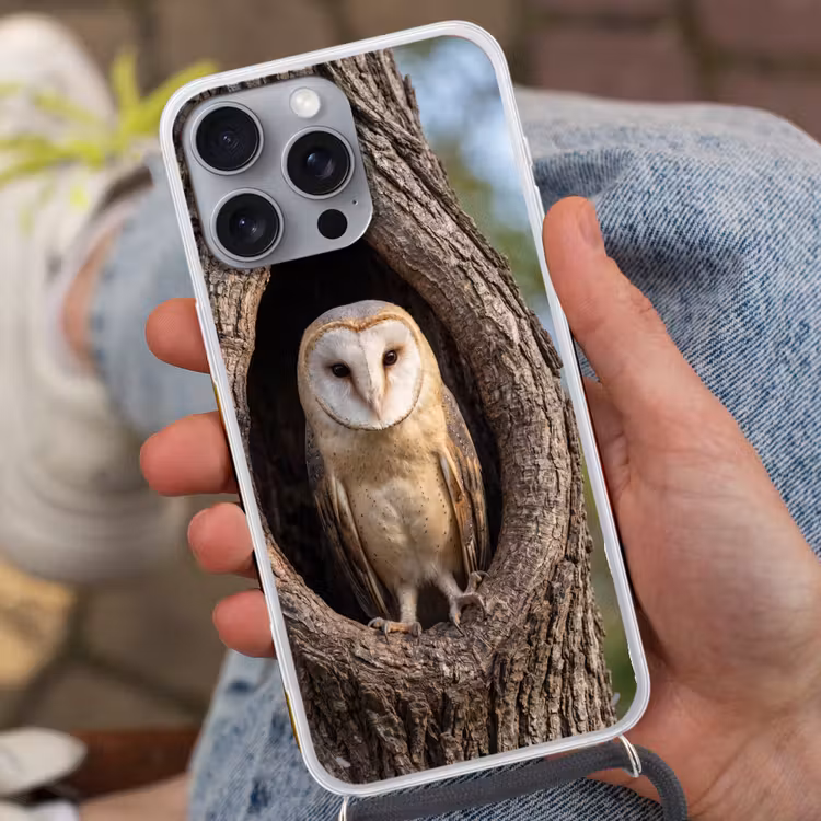 Kerkuil - Boom - Natuur - Bruin Hoesje iPhone 16 Pro Max met koord klein -sfeer3