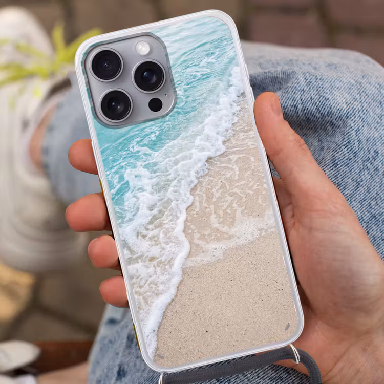 Strand - Zee - Golf - Natuur - Blauw Hoesje iPhone 16 Pro Max met koord klein -sfeer3