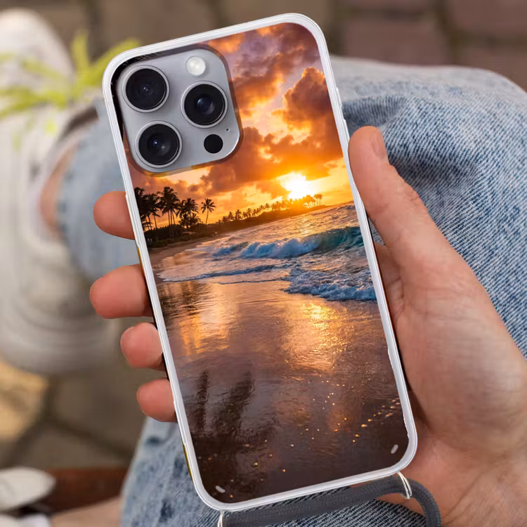 Strand - Zonsopgang - Tropisch - Natuur - Oranje Hoesje iPhone 16 Pro Max met koord klein -sfeer3