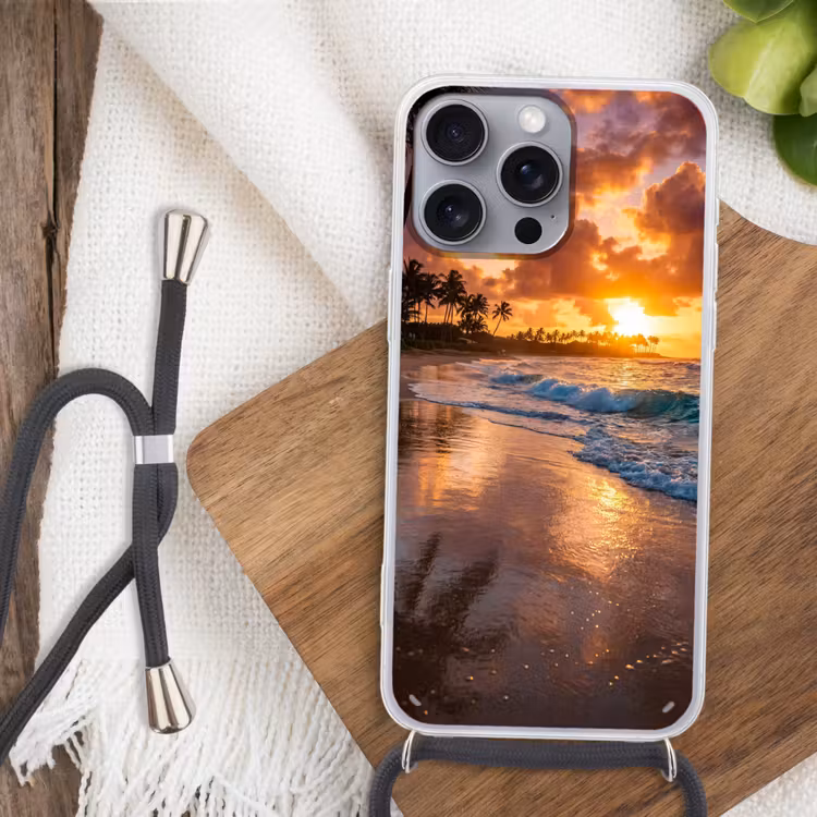 Strand - Zonsopgang - Tropisch - Natuur - Oranje Hoesje iPhone 16 Pro Max met koord klein -sfeer4