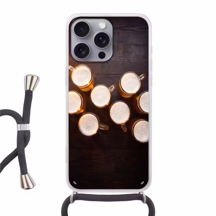 Bier - Glazen - Schuim - Hout - Drank Hoesje iPhone 16 Pro Max met koord klein -3d