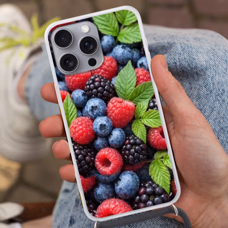 Bessen - Vers - Waterdruppels - Kleurrijk - Eten Hoesje iPhone 16 Pro Max met koord klein -sfeer3