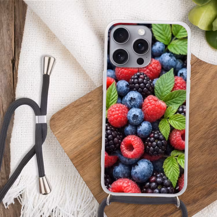 Bessen - Vers - Waterdruppels - Kleurrijk - Eten Hoesje iPhone 16 Pro Max met koord klein -sfeer4