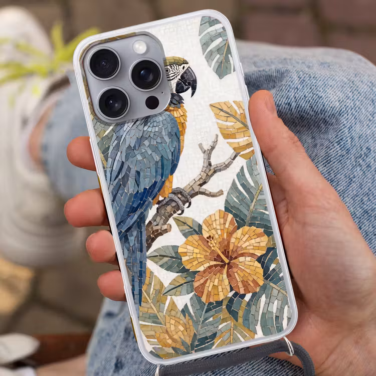 Vogel - Tak - Natuur - Mozaïek - Blauw Hoesje iPhone 16 Pro Max met koord klein -sfeer3