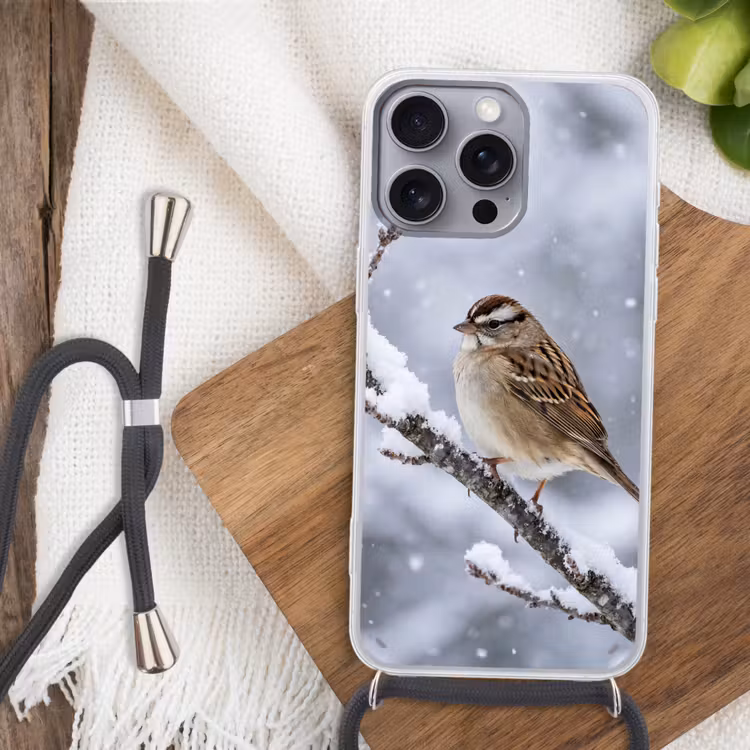 Vogel - Tak - Sneeuw - Winter Hoesje iPhone 16 Pro Max met koord klein -sfeer4