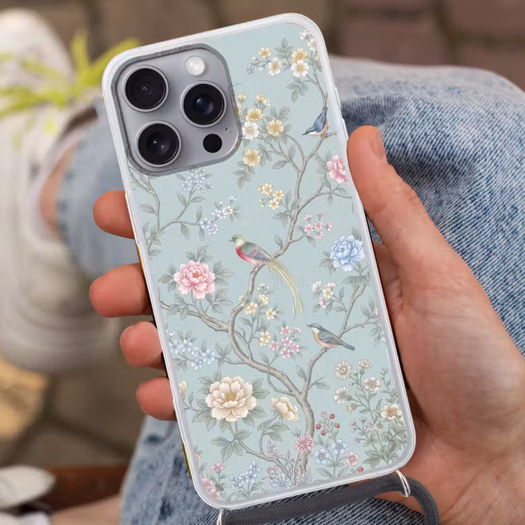 Vogel - Bloemen - Kleurrijk Hoesje iPhone 16 Pro Max met koord klein -sfeer3