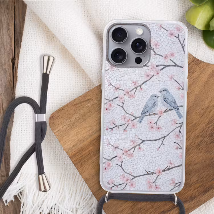 Vogel - Bloemen - Natuur - Mozaïek - Roze Hoesje iPhone 16 Pro Max met koord klein -sfeer4