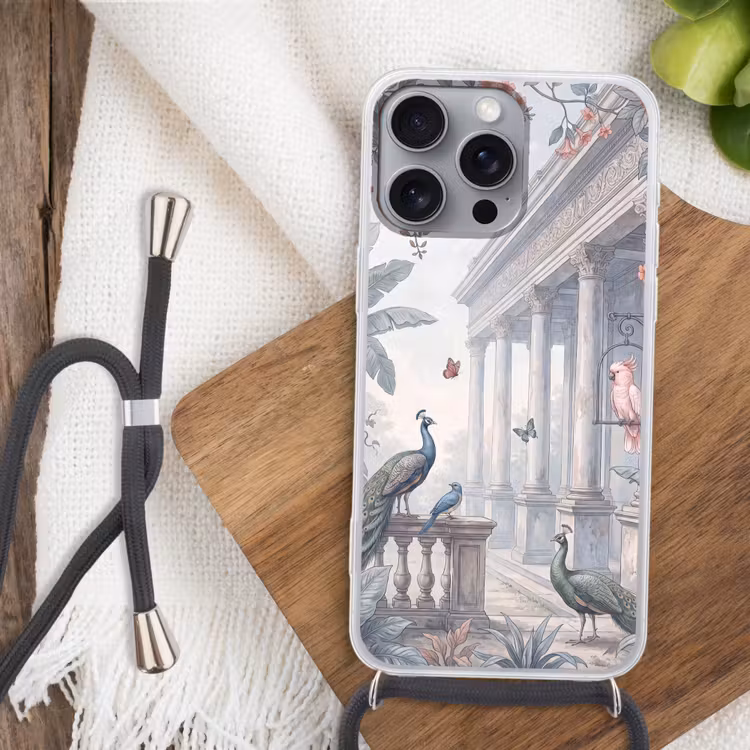 Vogel - Pauw - Architectuur - Klassiek - Groen Hoesje iPhone 16 Pro Max met koord klein -sfeer4