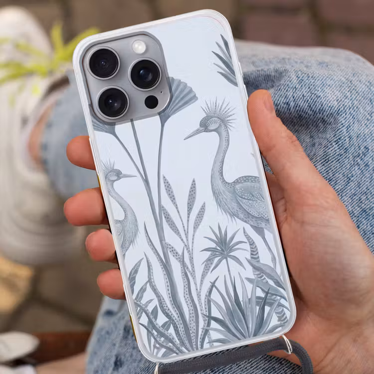 Vogel - Tropisch - Illustratie - Blauwgrijs - Natuur Hoesje iPhone 16 Pro Max met koord klein -sfeer3