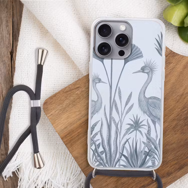 Vogel - Tropisch - Illustratie - Blauwgrijs - Natuur Hoesje iPhone 16 Pro Max met koord klein -sfeer4