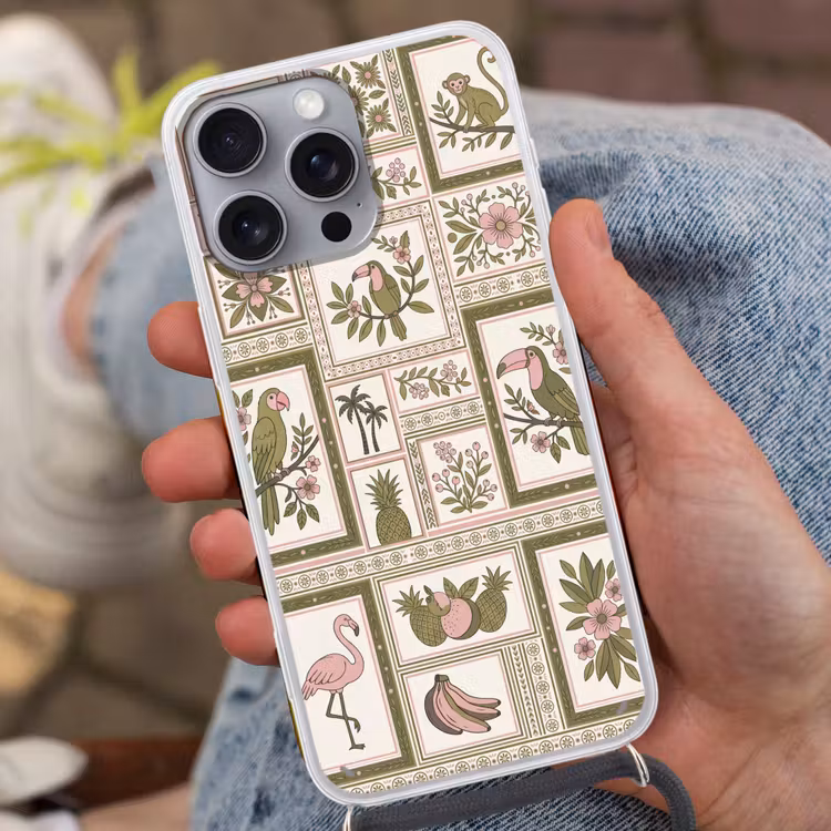 Vogel - Tropisch - Patroon - Decoratief - Groen Hoesje iPhone 16 Pro Max met koord klein -sfeer3