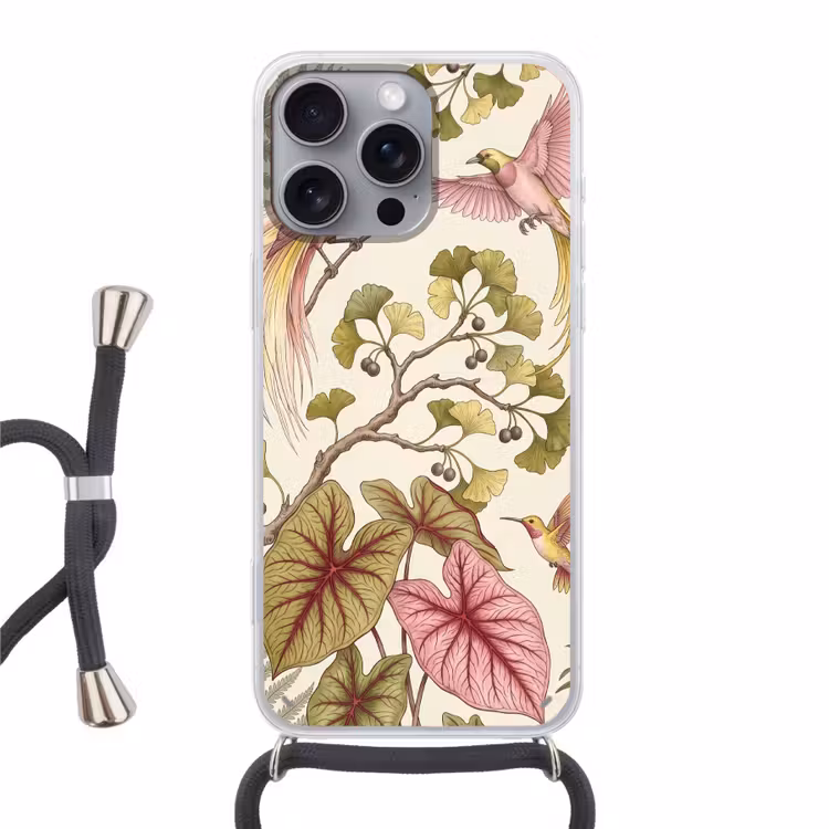 Vogels - Tropisch - Botanisch - Roze Hoesje iPhone 16 Pro Max met koord klein -3d