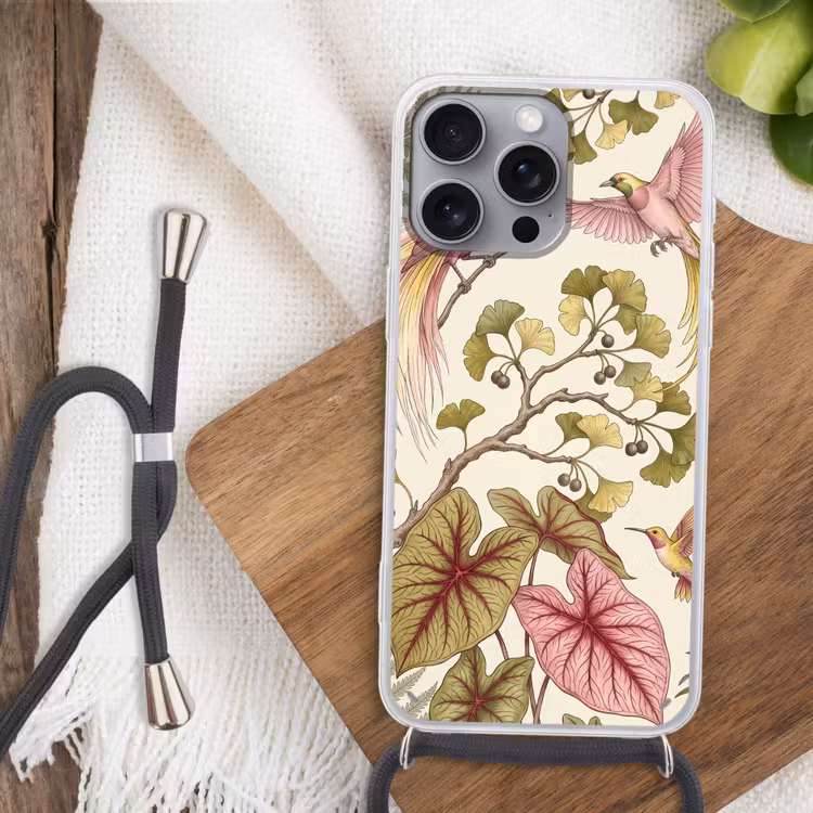 Vogels - Tropisch - Botanisch - Roze Hoesje iPhone 16 Pro Max met koord klein -sfeer4
