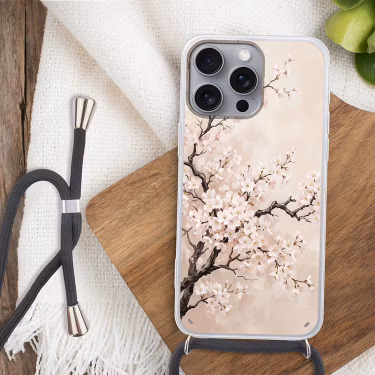 Bloesem - Illustratie - Taupe Hoesje iPhone 16 Pro Max met koord klein -sfeer4
