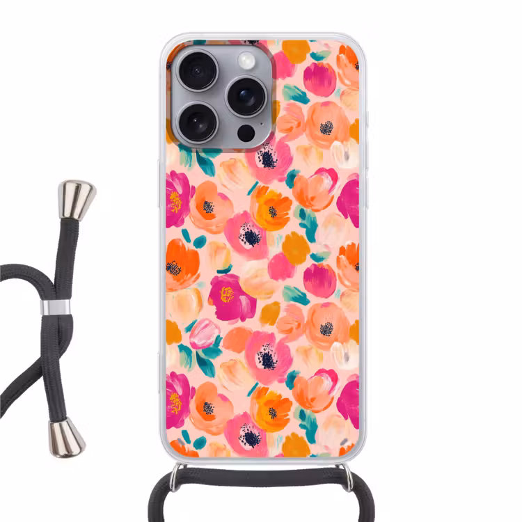 Bloesems - Vrolijk - Kleurrijk Hoesje iPhone 16 Pro Max met koord klein 804 -3d