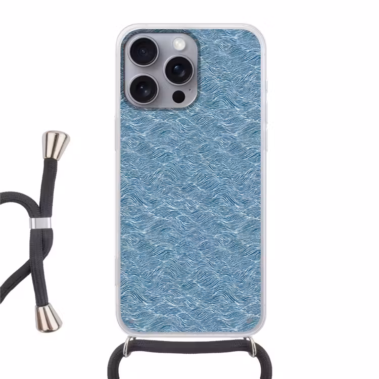 Blauw - Wit - Golven - Getekend - Textuur Hoesje iPhone 16 Pro Max met koord klein 804 -3d