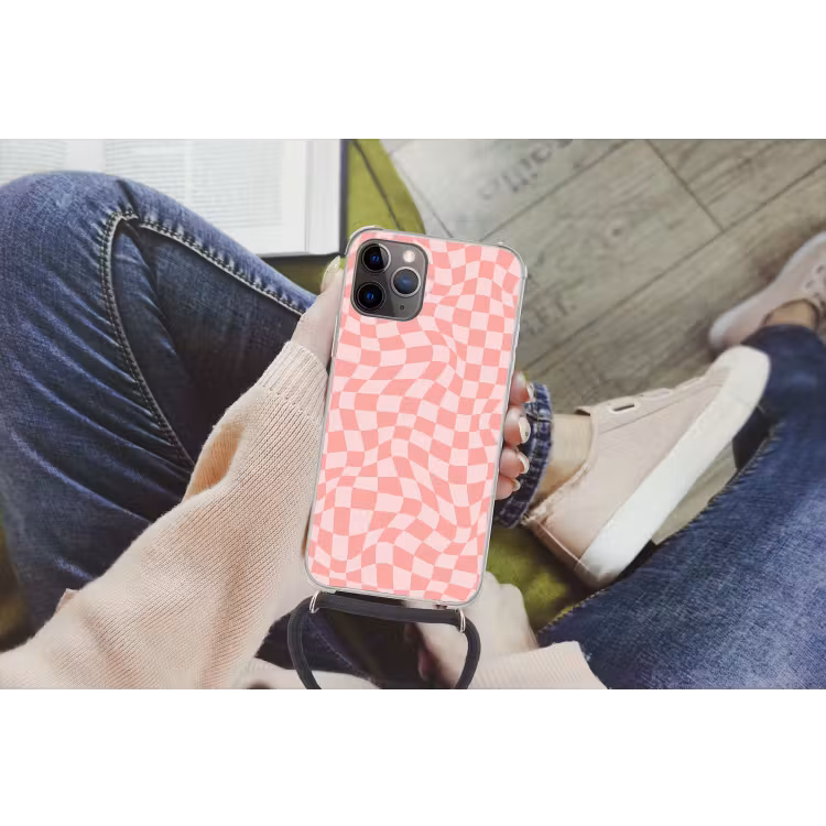 Hokjes patroon - Roze - Golvende lijnen Hoesje iPhone 12 Pro met koord klein -hand