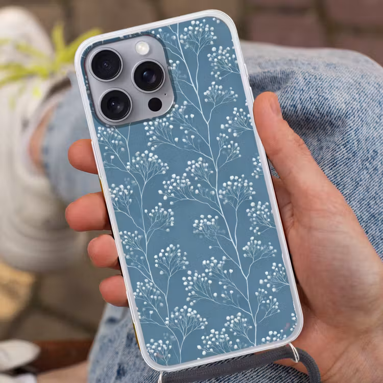Takken - Bessen - Patroon - Lichtblauw Hoesje iPhone 16 Pro Max met koord klein 804 -sfeer3