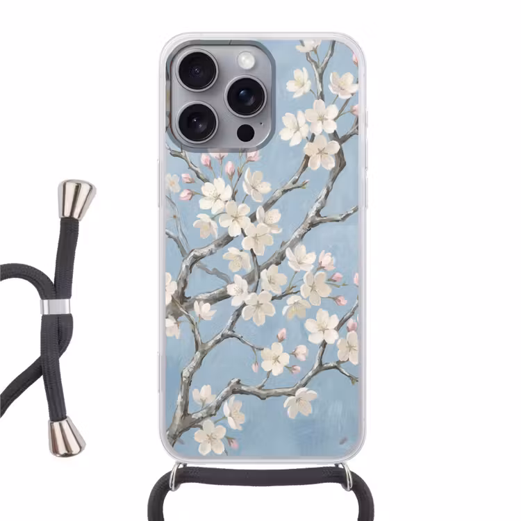 Takken - Kersenbloesem - Blauw Hoesje iPhone 16 Pro Max met koord klein -3d