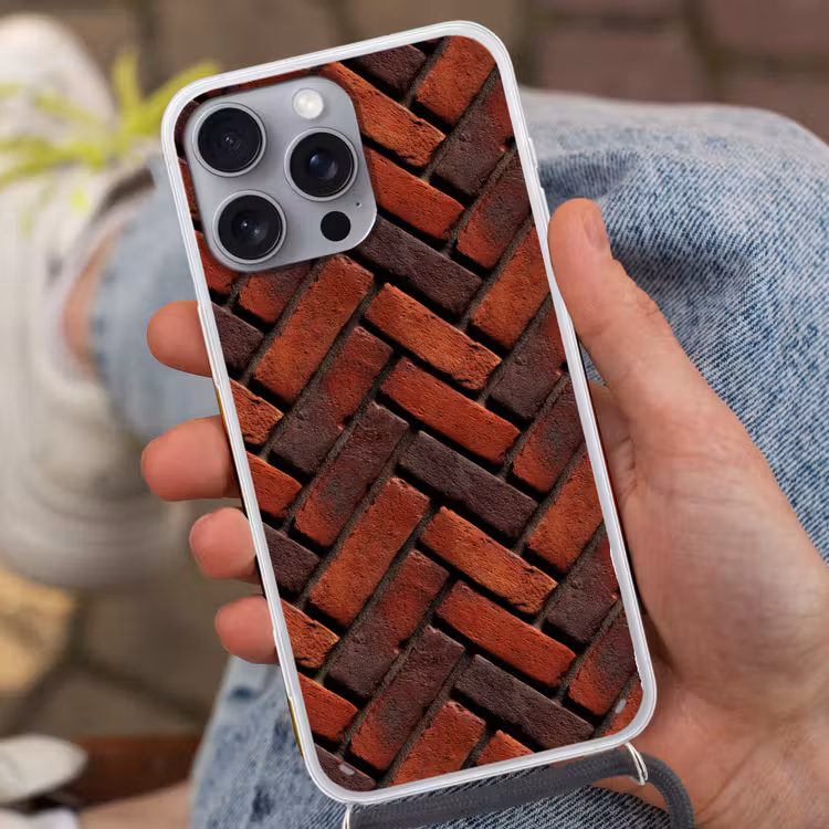 Bakstenen - Visgraat - Structuur - Roodbruin Hoesje iPhone 16 Pro Max met koord klein 804 -sfeer3