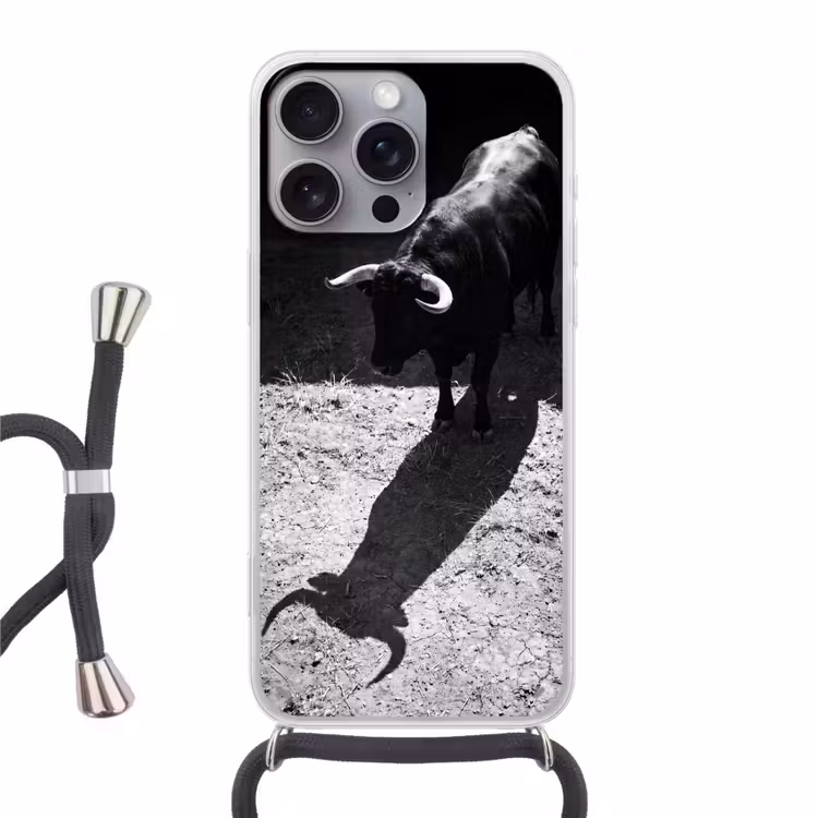 Stier - Schaduw - Dieren - Contrast - Zwart-wit Hoesje iPhone 16 Pro Max met koord klein -3d