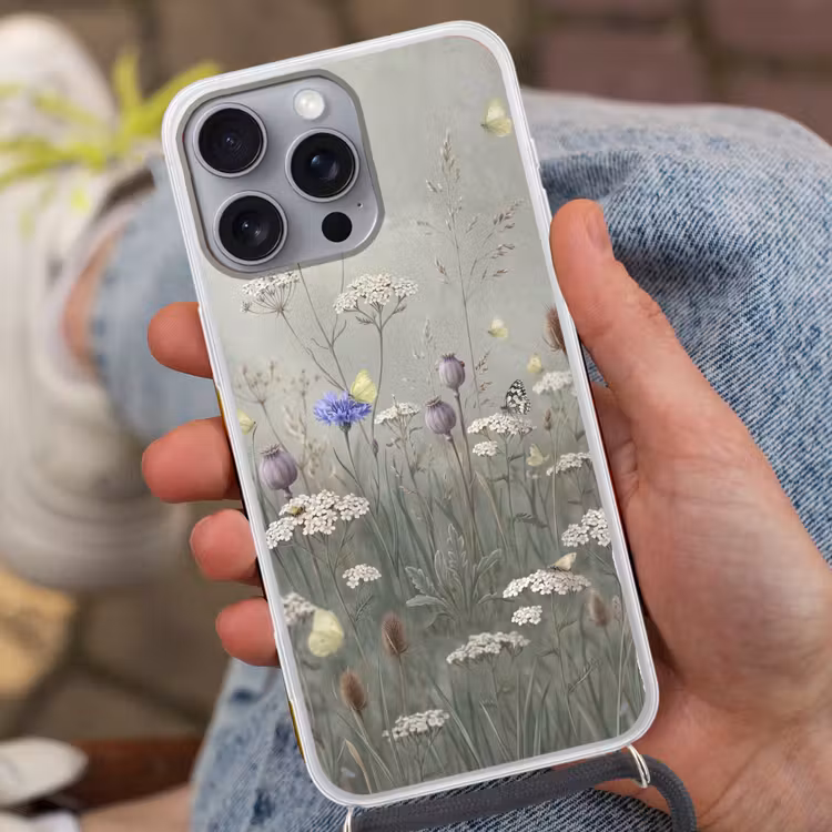 Vlinders - Wildbloemen - Illustratie - Kleurrijk Hoesje iPhone 16 Pro Max met koord klein -sfeer3