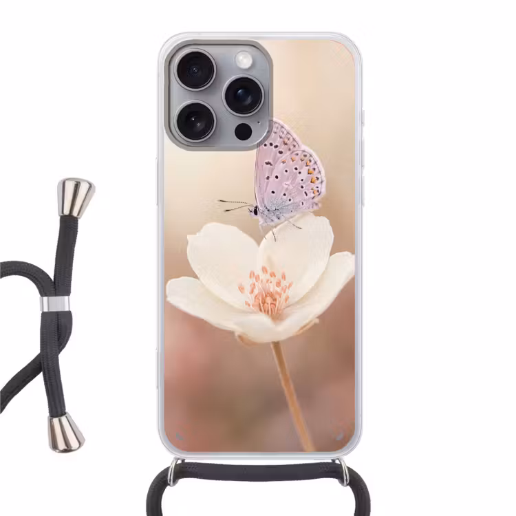 Vlinder - Bloem - Blauw Hoesje iPhone 16 Pro Max met koord klein -3d