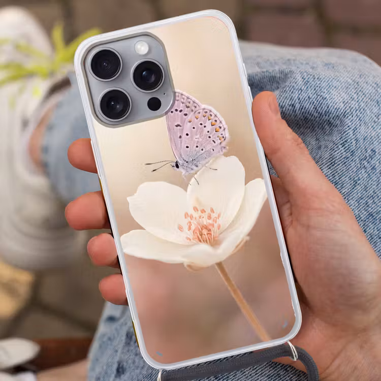 Vlinder - Bloem - Blauw Hoesje iPhone 16 Pro Max met koord klein -sfeer3