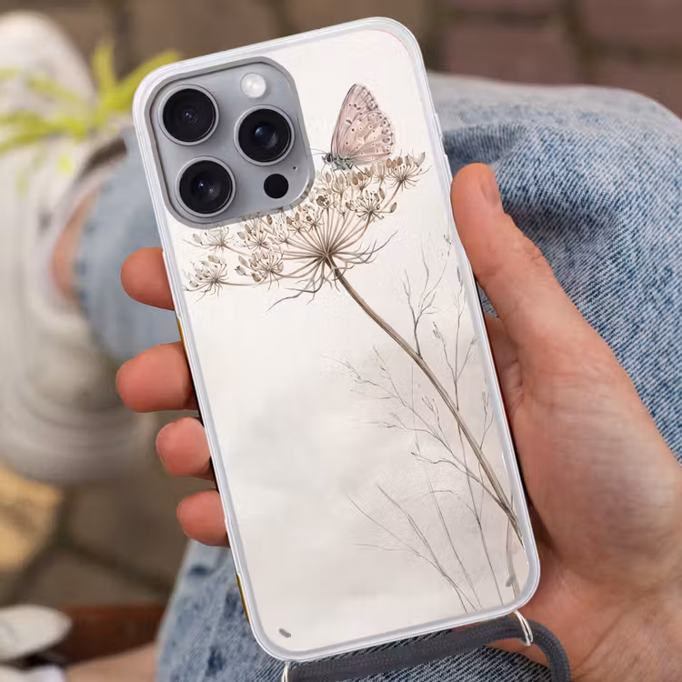 Vlinder - Bloem -Natuur - Beige Hoesje iPhone 16 Pro Max met koord klein -sfeer3