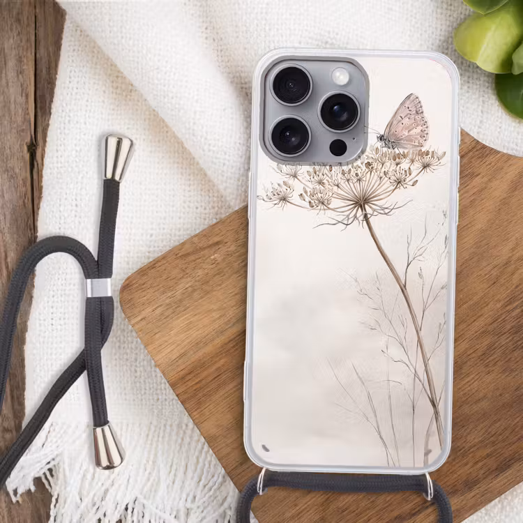 Vlinder - Bloem -Natuur - Beige Hoesje iPhone 16 Pro Max met koord klein -sfeer4